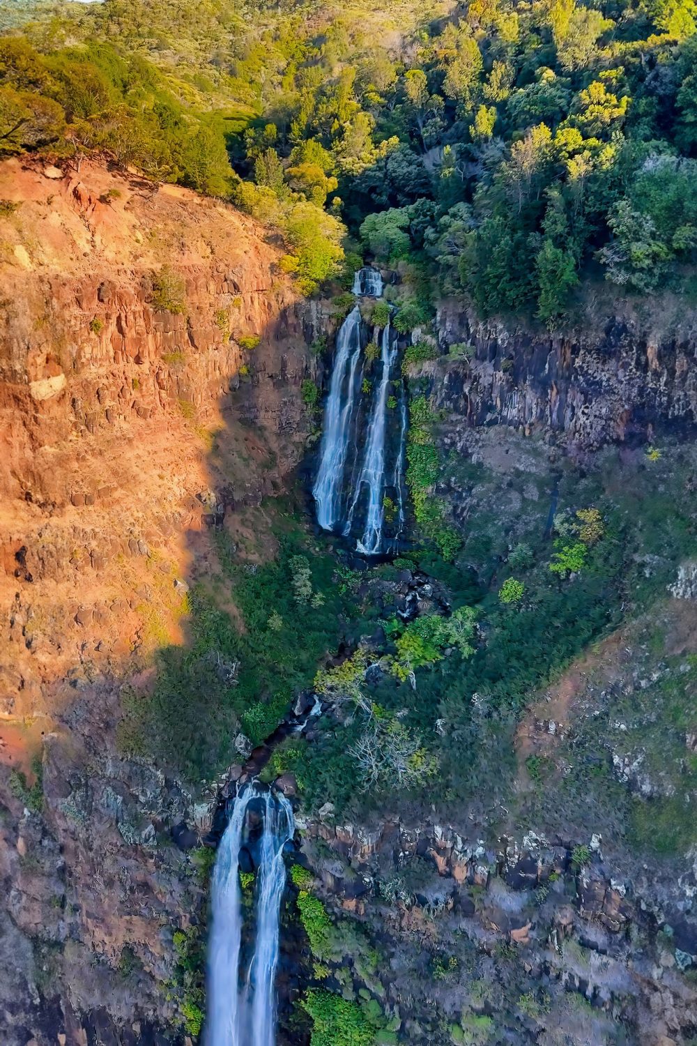 Waipo'o Falls from a helicopter view Hawaii USA.