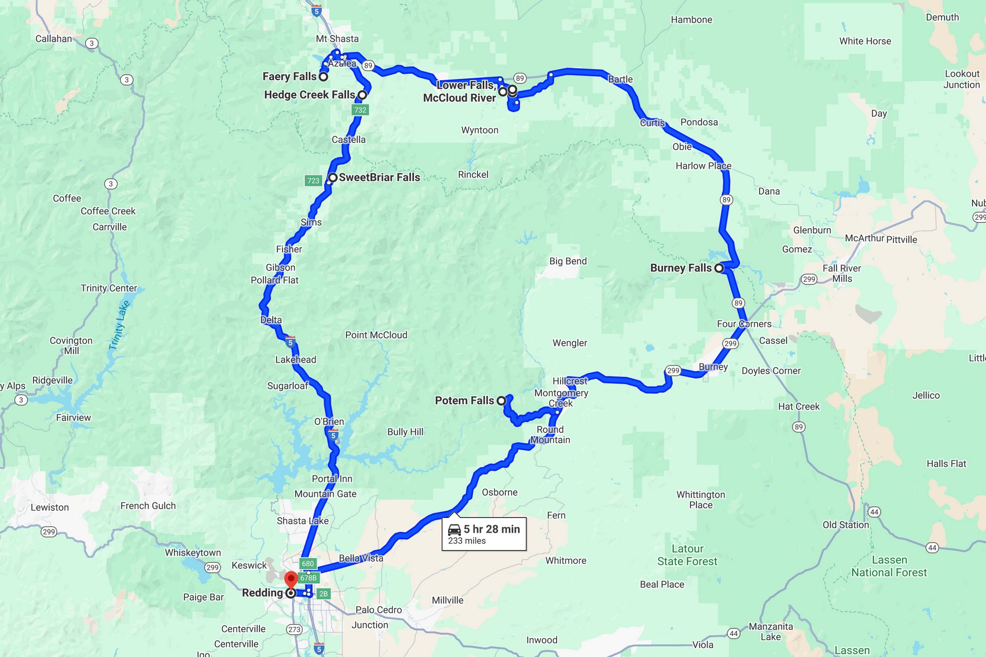 Waterfall Loop Map near Redding, California
