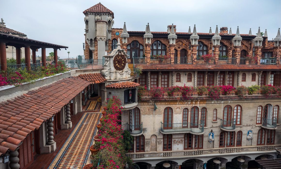 The MIssion Inn Hotel and Spa from the inside of the courtyard in Riverside, California.