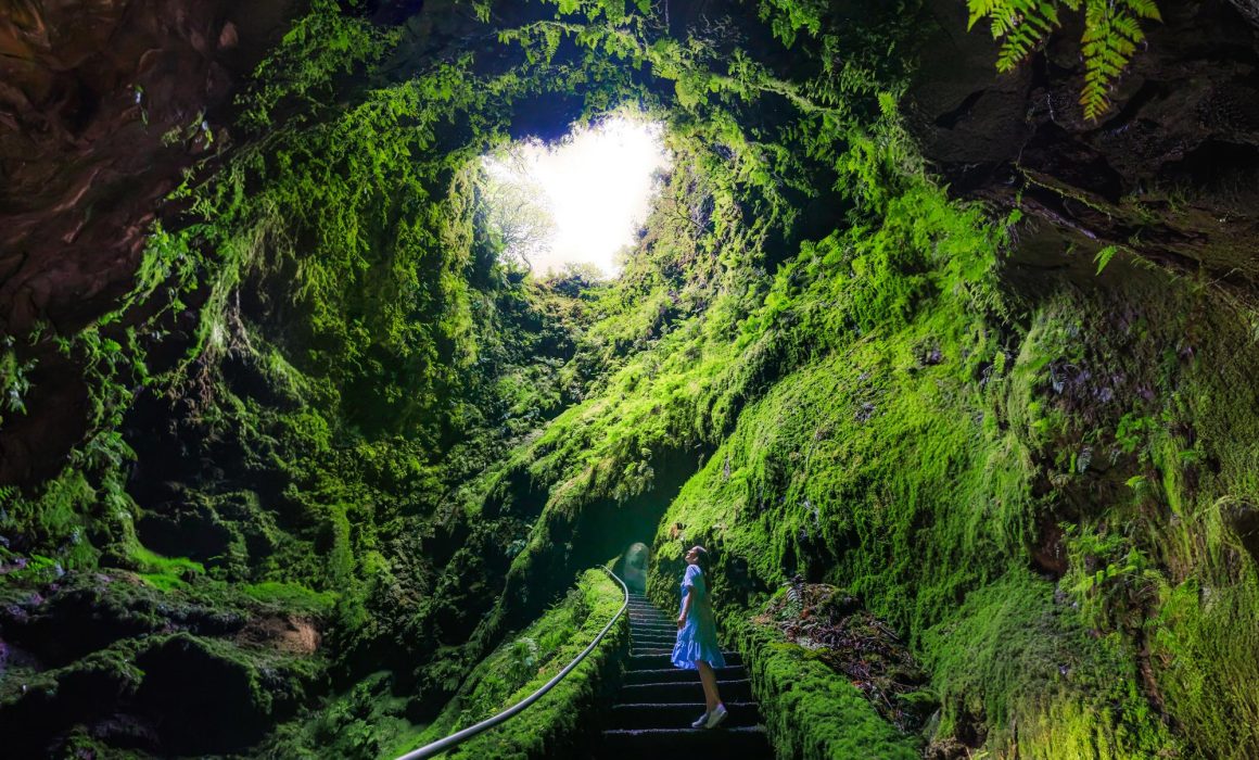 The inside of the Algar do Carvao cave in Terceira, Portugal