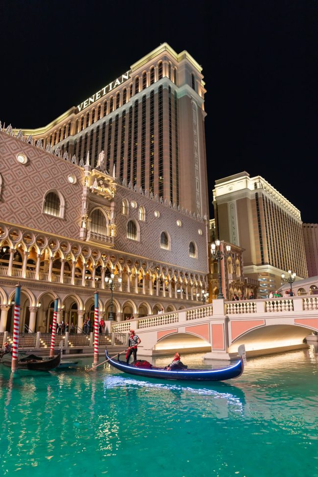 The Venetian Las Vegas canal at night in Las Vegas, Nevada.