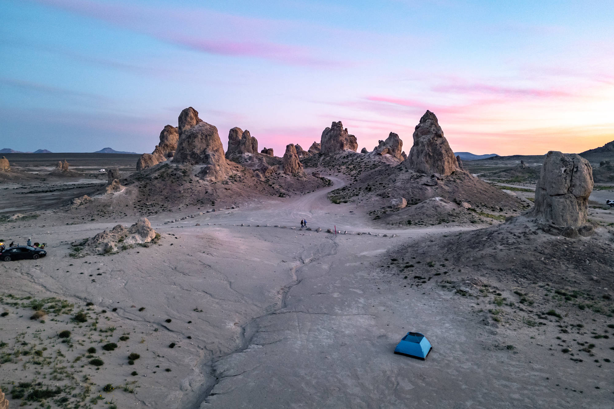 Aerial shot of unusual rock formations of Trona Pinnacles
